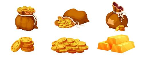 Set sack, bag with gold coins, stack of golden bricks, shiny treasure game asset isolated on white background vector