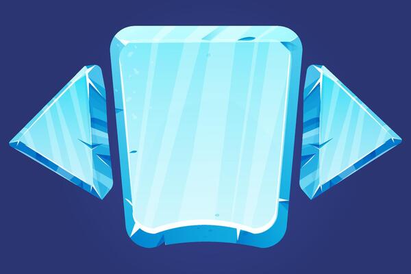 Ice button, frozen frame, level menu isolated on white background. Glass shiny panel, game ui element.