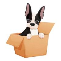 Cute boston terrier dog sitting in the box, adorable pet in cartoon style isolated on white background. Comic emotional character, funny pose vector