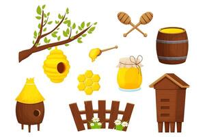 Set of different wooden beehive, cute fence, honey dipper, barrel and glass jar. Apiculture, beekeeping equipment, cartoon objects isolated on white background stock illustration. vector