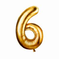 Watercolor golden foil balloon digit 6. Hand drawn birthday party number decoration isolated on white background. Shiny element for vector