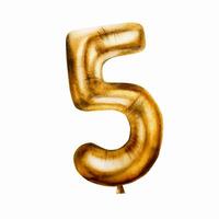 Watercolor golden foil balloon digit 5. Hand drawn birthday party number decoration isolated on white background. Shi vector