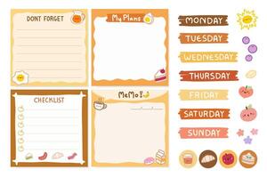 Set of Cute template notes with breakfast theme. Memos and stickers. Cute paper memo template. Notes, memos and to do lists used in a diary, home or office. vector