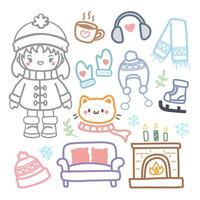 Cute Winter Doodle Set with Cozy Elements and Characters vector