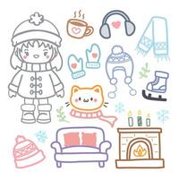 linda invierno garabatear conjunto con acogedor elementos y caracteres vector