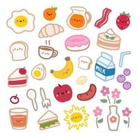 Cute Kawaii Food and Drink items Collection. Adorable Cartoon Style. vector