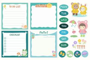 Set of Cute template notes with Rainy season theme. Memos and stickers. Cute paper memo template. Notes, memos and to do lists used in a diary, home or office. vector