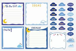 Set of Cute template notes with midnignt theme. Memos and stickers. Cute paper memo template. Notes, memos and to do lists used in a diary, home or office. vector