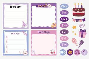Set of Cute template notes with birthday theme. Memos and stickers. Cute paper memo template. Notes, memos and to do lists used in a diary, home or office. vector