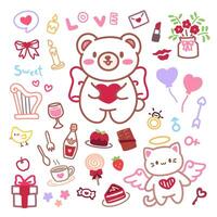 Cute kawaii valentine's day hand draw collection. Adorable love and romance Illustrations. vector