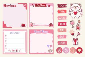 Set of Cute template notes with valentine theme. Memos and stickers. Cute paper memo template. Notes, memos and to do lists used in a diary, home or office. vector