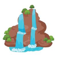 Vibrant illustration of a dual waterfall with trees on a rocky formation vector