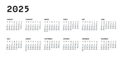 Simple Geometric White and Dark Blue 2025 Calendar Starting with Sundays vector