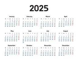 2025 year calendar starting with Mondays, featuring a geometric and simple design vector