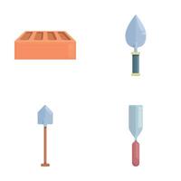 Bricklayer tool icons set cartoon . Various trowel and brick vector