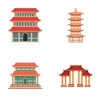 Chinese building icons set cartoon . Asian traditional pagoda vector