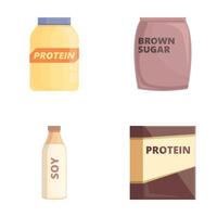 Artificial protein icons set cartoon . Food substitute in various package vector