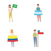 Country flag icons set cartoon . Teenager holding national country flag vector