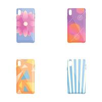 Phone case icons set cartoon . Mobile phone case with decorative ornament vector