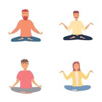 yoga íconos conjunto dibujos animados . hembra y masculino en yoga loto postura vector