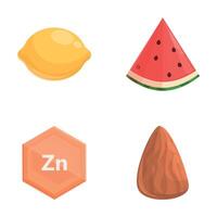 Zn mineral icons set cartoon . Food product with high content of zinc vector