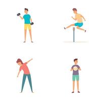 Sport school icons set cartoon . Teenager doing physical exercise vector