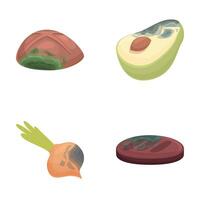 Rotten food icons set cartoon . Various spoiled and damaged product vector