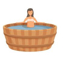 Woman relaxing in wooden hot tub vector