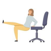 Cheerful woman stretches her leg while sitting on an office chair, demonstrating a simple desk exercise vector