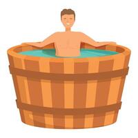 Man relaxing in wooden hot tub vector