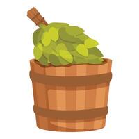 Cartoon sauna bucket with green leaves vector