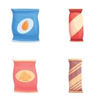 Snack product icons set cartoon . Various type of packaged snack vector
