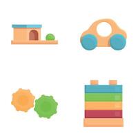 Wooden toy icons set cartoon . Ecological wooden toy for children vector