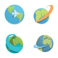 Worldwide icons set cartoon . Passenger plane flies around earth vector