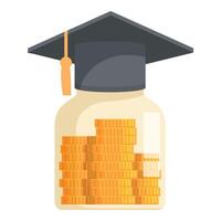 Graduation cap atop a money jar filled with coins, symbolizing investment in education vector