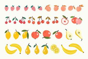 Fruits and berries hand-drawn flat illustrations set. The modern minimalistic colorful fruits design elements isolated on white background. vector