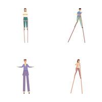 Stilt walker icons set cartoon . Young people walking on stilt vector
