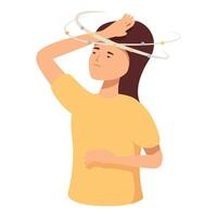 Illustration of a young woman in yellow, holding her head, showing symptoms of dizziness vector