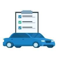 illustration of a blue car with a large checklist, symbolizing vehicle upkeep vector