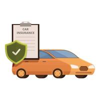 Cartoon of a car with insurance policy clipboard and shield, representing vehicle protection vector