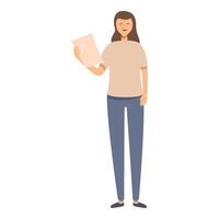 Happy, casual woman stands holding a piece of paper, expressing contentment vector