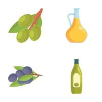 Olive product icons set cartoon . Olive oil and tree branch with fruit vector