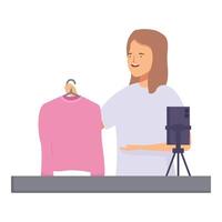 Female fashion vlogger presenting clothing to camera vector