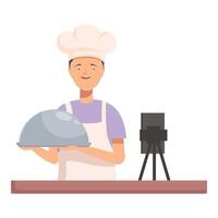 Smiling chef presenting dish with camera setup vector