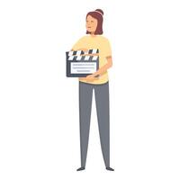 Illustrated young woman standing with a film clapperboard, representing movie production vector