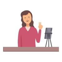 Woman giving online tutorial with peace sign vector