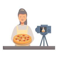 Smiling woman recording cooking show with pizza vector