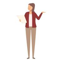 Smiling cartoon businesswoman gesturing with one hand while holding documents vector