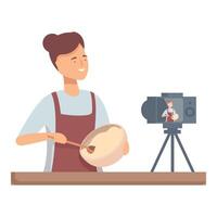 Cheerful woman records a cooking tutorial for her online audience with a digital camera vector