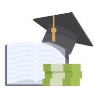 graduación gorra en parte superior de abierto libro y apilar de dinero vector